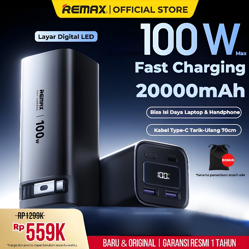 Foto Remax REMAX Powerbank 20000mAh 100W Fast Charging Ada Kabel